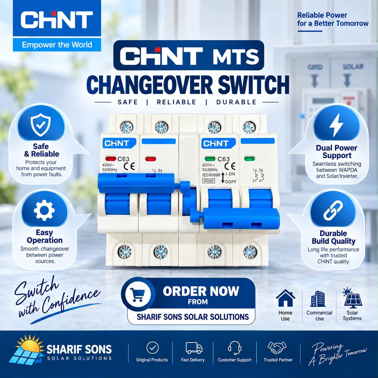 CHINT MTS Changeover Switch C63 2+2 Pole ā Manual Transfer Switch for Solar/Inverter & Grid | 63A
