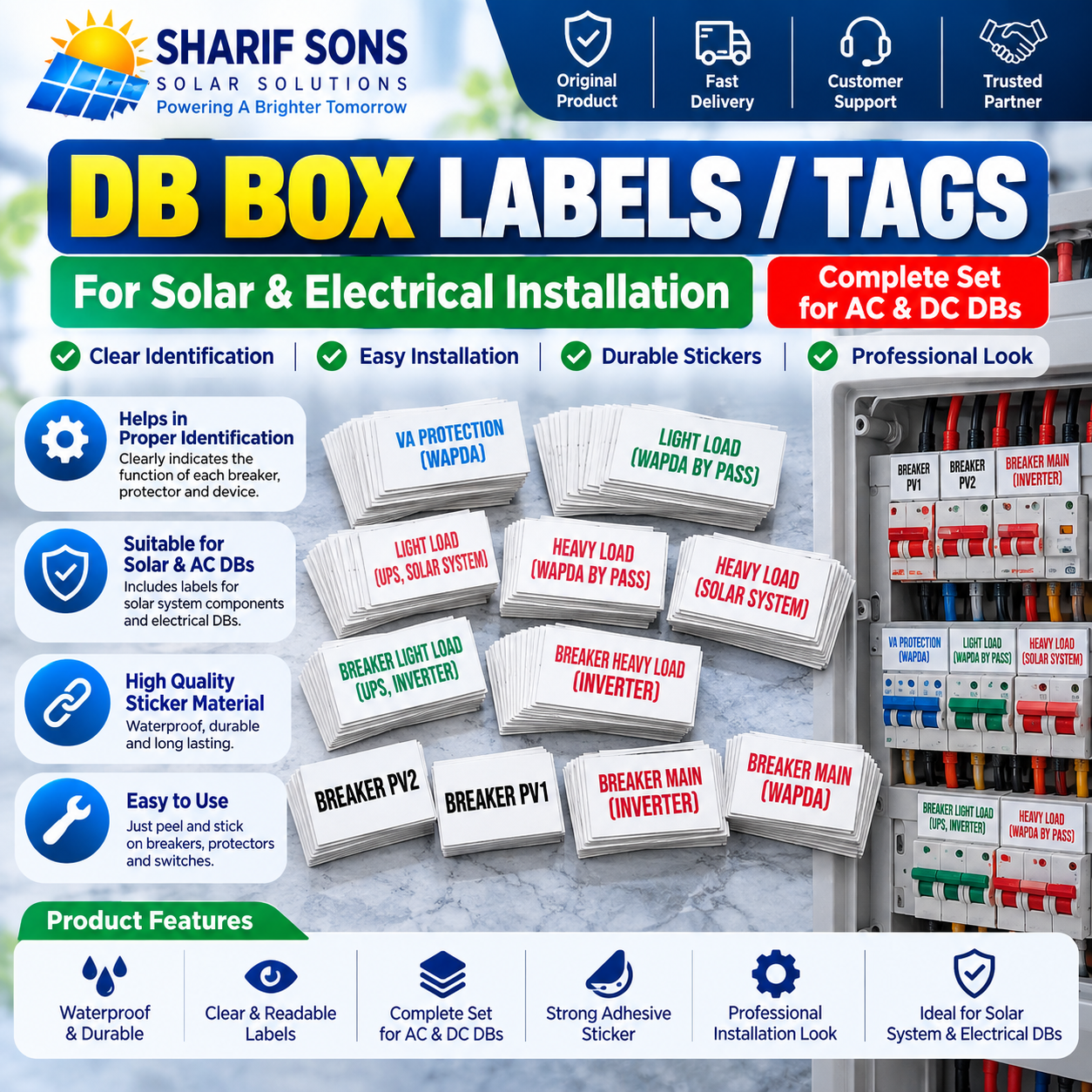 Solar & Electrical DB Box Labels / Tags ā Complete Set for AC & DC DB | Breaker, Voltage Protector & Changeover Stickers
