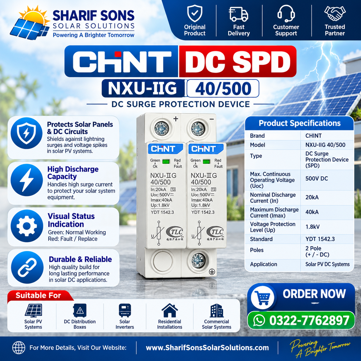 CHINT NXU-IIG 40/500 DC SPD β 2 Pole 500V DC Surge Protection Device for Solar PV Systems
