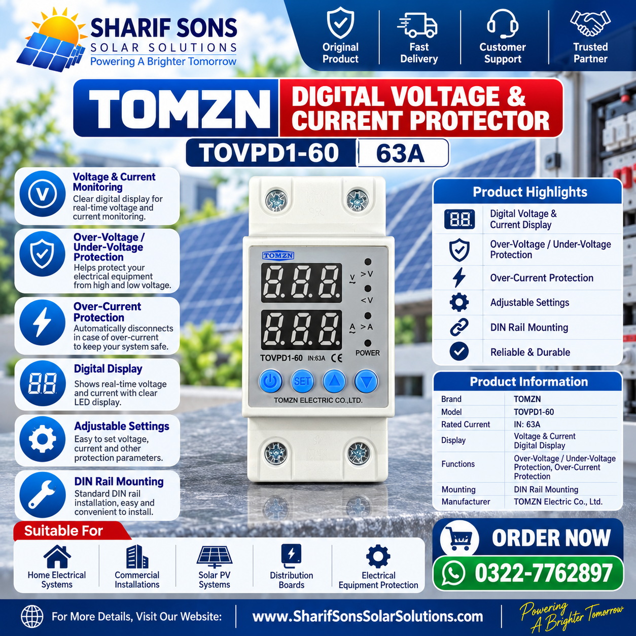 TOMZN TOVPD1-60 63A Digital Voltage & Current Protector β Over & Under Voltage / Over Current Protection