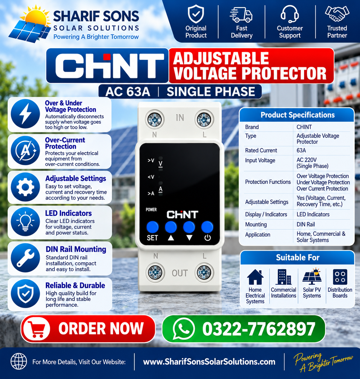 CHINT 63A Adjustable Voltage Protector – Over & Under Voltage & Over Current Protection | AC 220V Single Phase 2