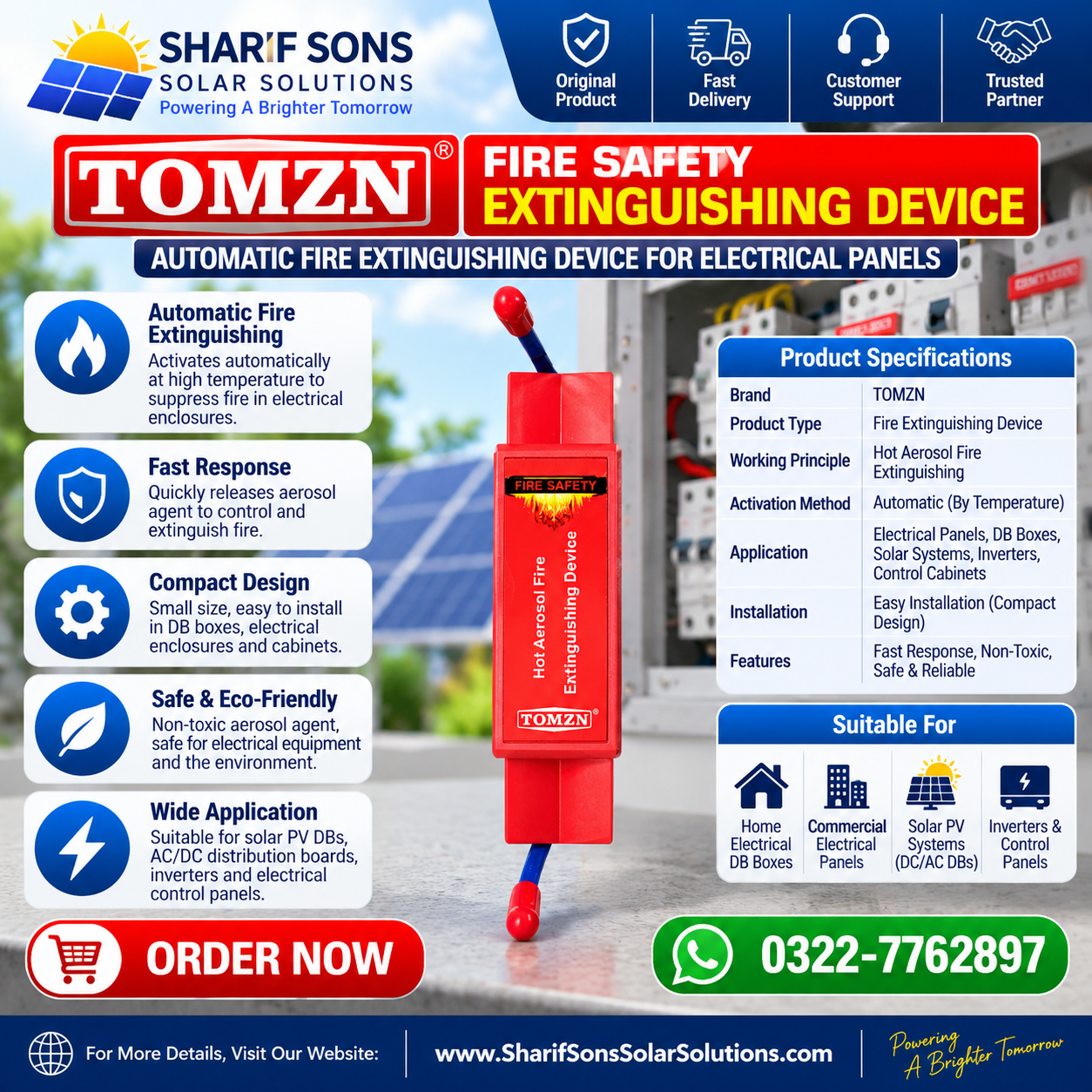 TOMZN Hot Aerosol Fire Extinguishing Device β Automatic Fire Protection for Electrical Panels, DB Boxes & Solar Systems