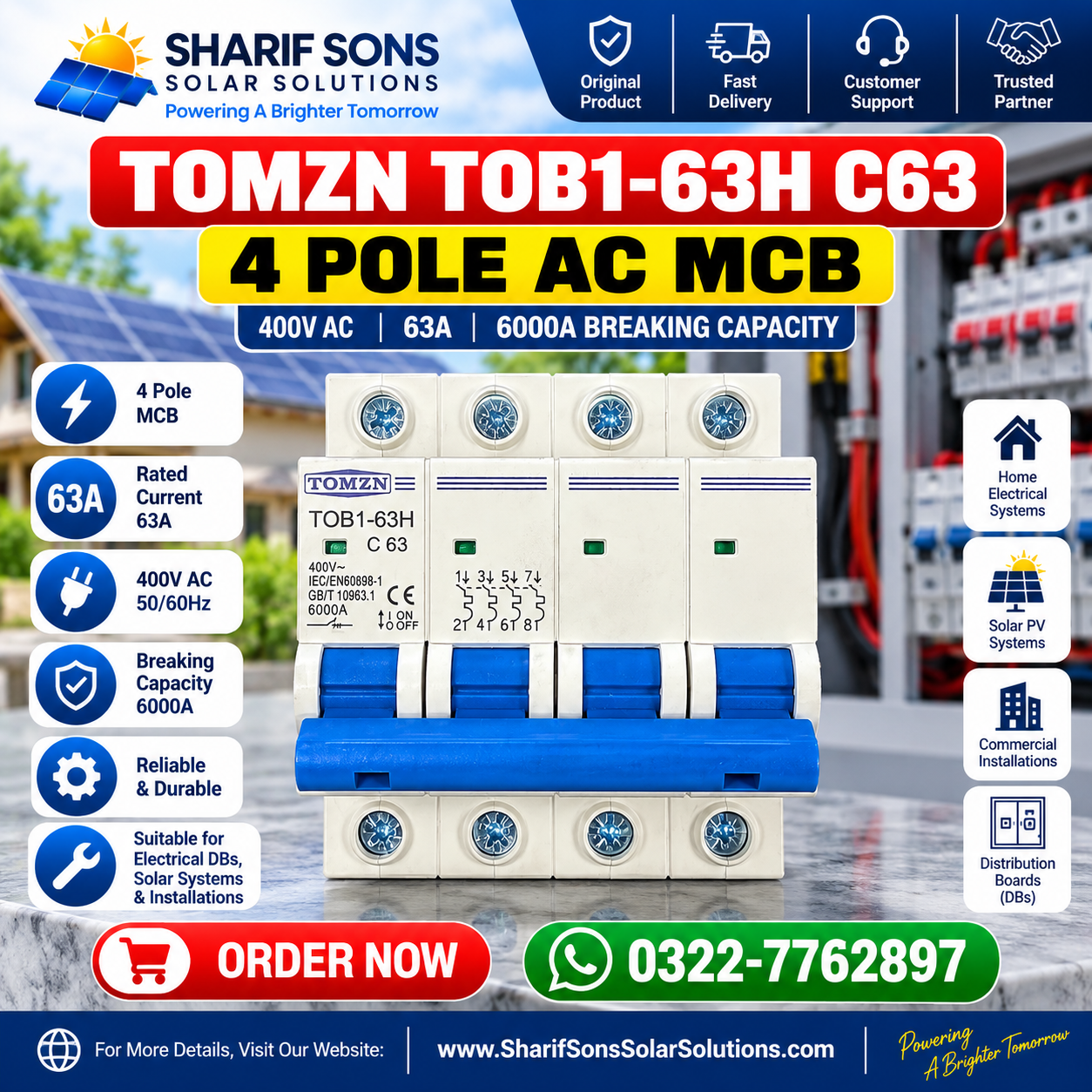 TOMZN TOB1-63H C63 4 Pole AC MCB β 63A 400V AC Circuit Breaker | 6000A Breaking Capacity